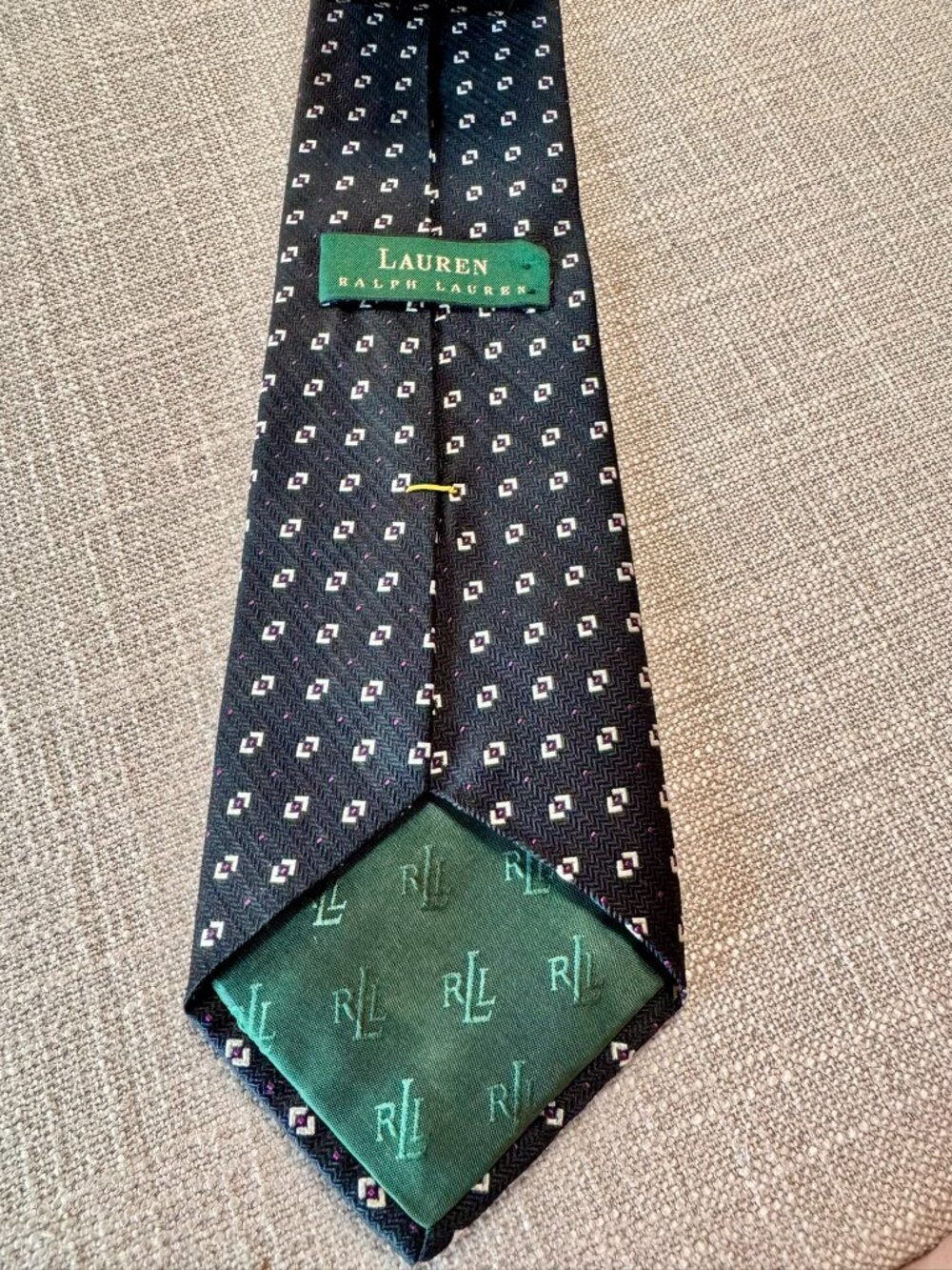 Lauren Ralph Lauren Black Silk Tie – Cream & Purple Micro‑Print – 3.5” Width - Picture 4 of 6